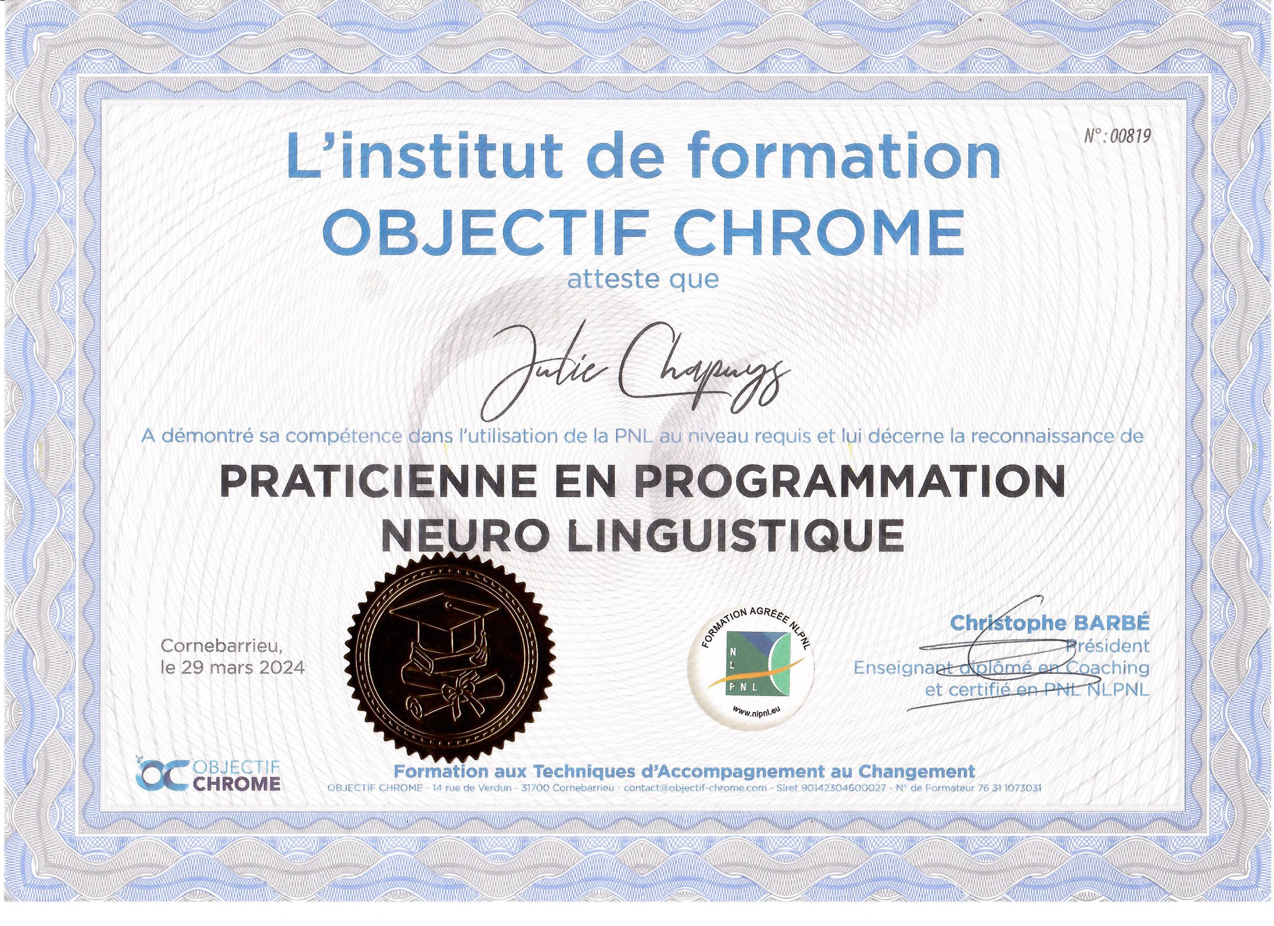COPEA - Diplôme Praticien PNL - Julie Chapuys Laffont